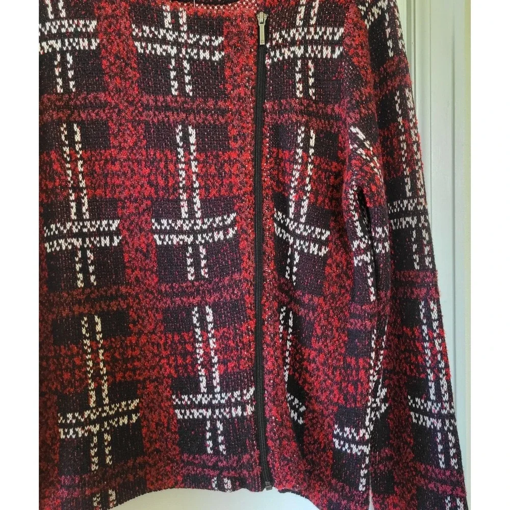 Chaps Womens Sweater Jacket XXL Red‎ Black White Plaid Knit Zip-Up Long Sleeve